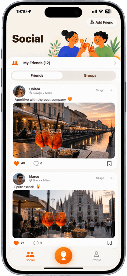 The Spritzli social feed on iPhone, showing friends' aperitivo posts in Navigli and Brera